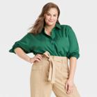 Women's Plus Size Long Sleeve Button-down Shirt - A New Day Dark Green