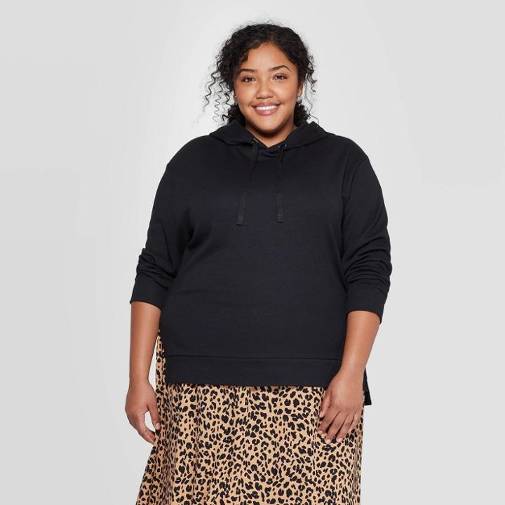 Women's Plus Size Long Sleeve Hoodie With Side Slit Sweatshirt - A New Day Black X