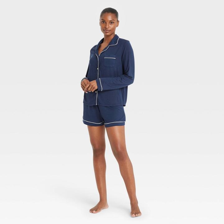 Women's Beautifully Soft Long Sleeve Notch Collar Top And Shorts Pajama Set - Stars Above Navy