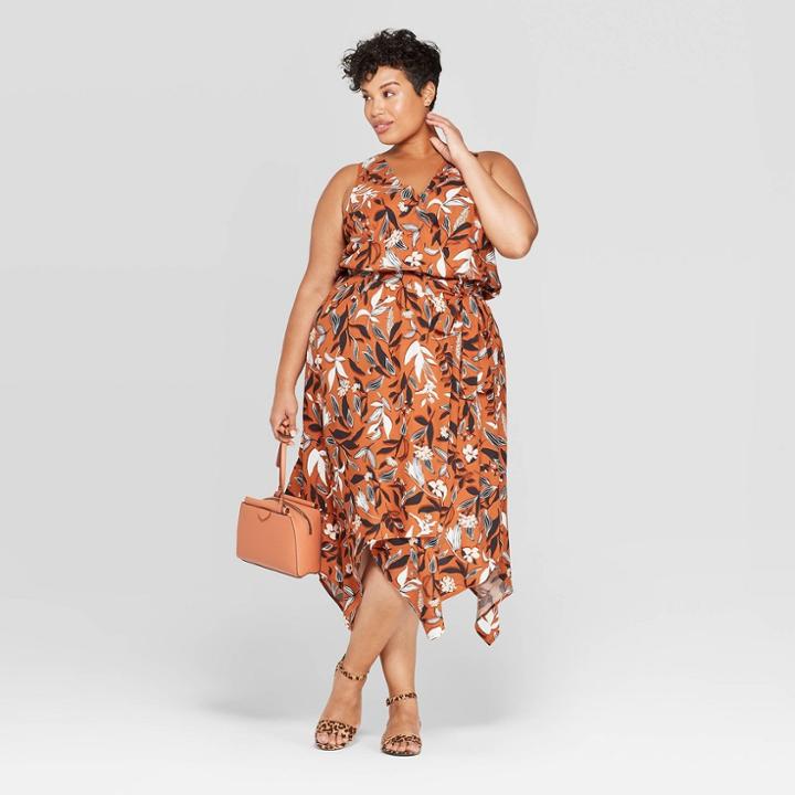 Women's Plus Size Floral Print Sleeveless V-neck Wrap Dress - Ava & Viv Brown
