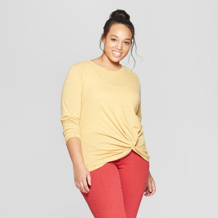 Women's Plus Size Twist Front Long Sleeve T-shirt - Universal Thread Gold
