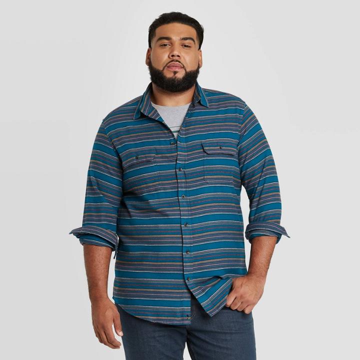 Men's Tall Standard Fit Long Sleeve 2-pocket Flannel Button-down Shirt - Goodfellow & Co Blue