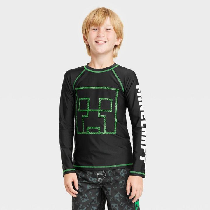 Boys' Minecraft Long Sleeve Rash Guard Swimsuit Top - Black