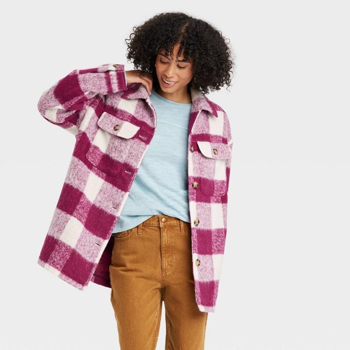 Women's Brushed Oversized Shacket - Universal Thread Cherry Pink Plaid