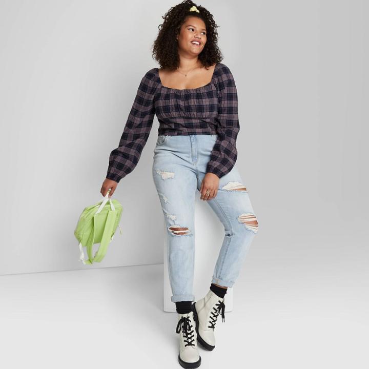 Women's Plus Size Puff Long Sleeve Bustier Top - Wild Fable Purple Plaid