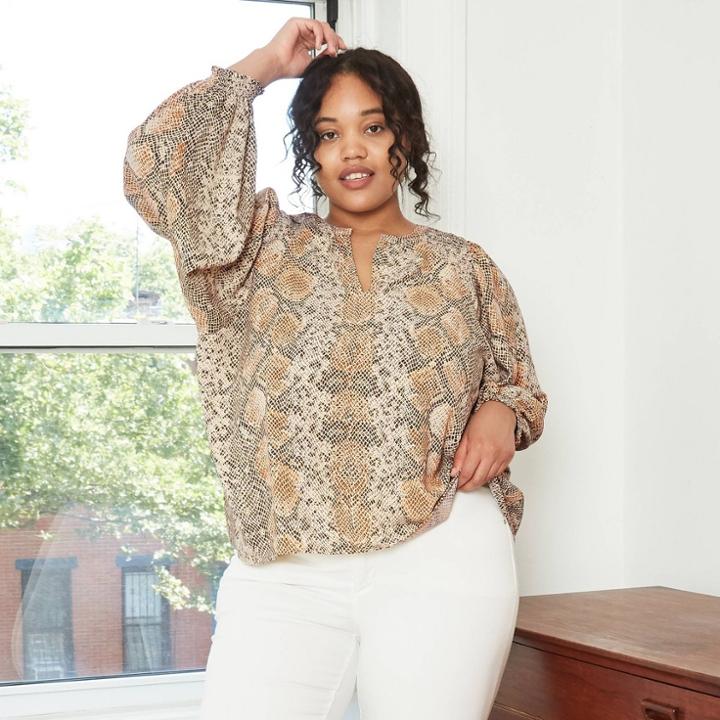 Women's Plus Size Snake Print Long Sleeve V-neck Smocked Popover Blouse - Ava & Viv Beige X