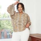 Women's Plus Size Snake Print Long Sleeve V-neck Smocked Popover Blouse - Ava & Viv Beige X