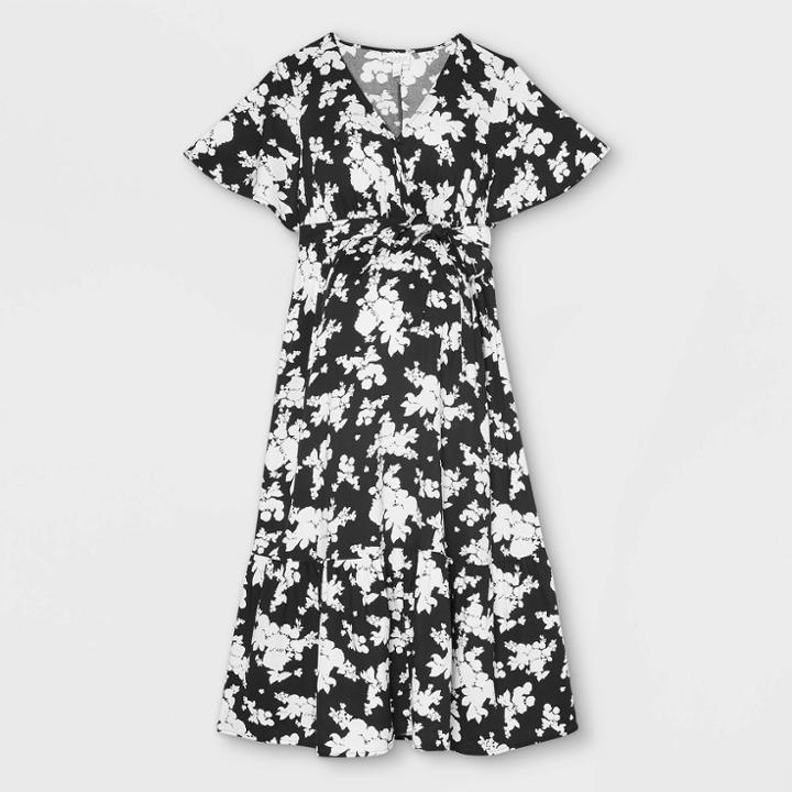 Floral Print Flutter Short Sleeve Woven Maternity Dress - Isabel Maternity By Ingrid & Isabel Black