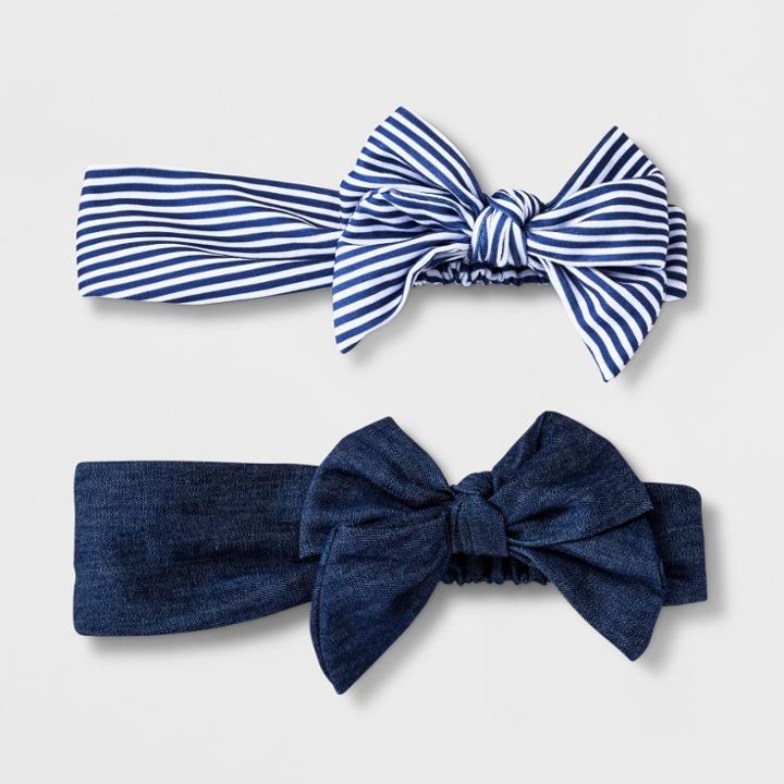 Girls' 2pk Denim Print Bow Headwrap - Cat & Jack Denim Blue