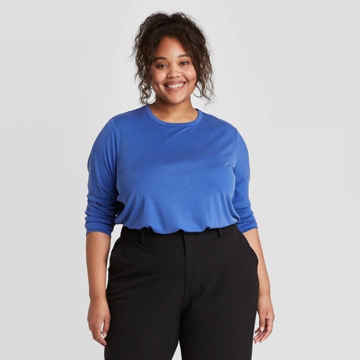 Women's Plus Size Long Sleeve Rib T-shirt - A New Day Blue