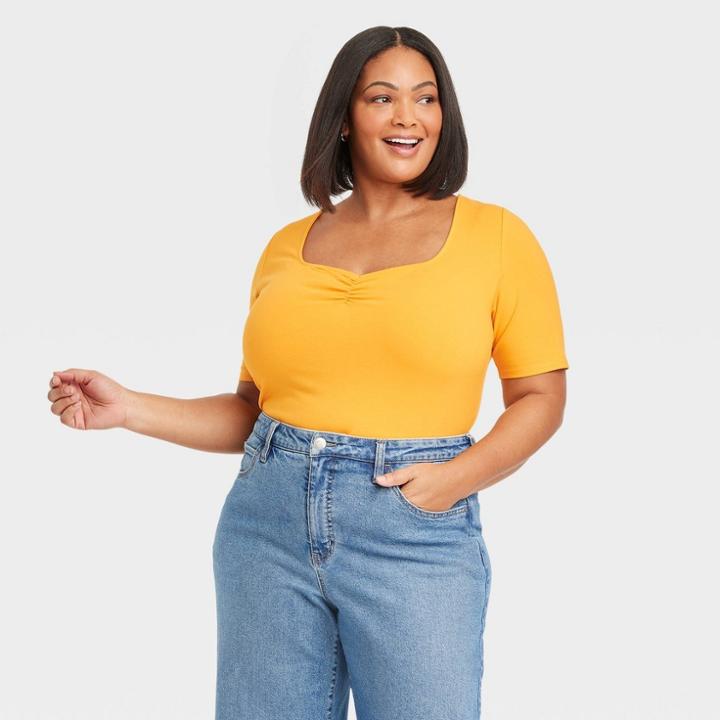 Women's Slim Fit Cinched Short Sleeve Sweetheart Neck Top - Ava & Viv Mango Orange