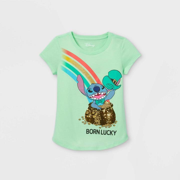 Girls' Disney Stitch 'born Lucky' Short Sleeve Graphic T-shirt - Green