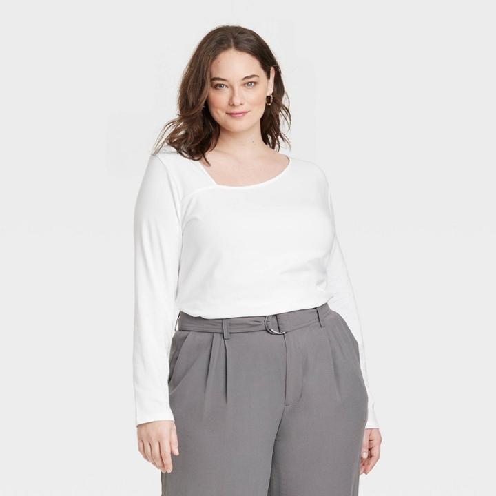 Women's Plus Size Long Sleeve Asymmetrical Top - A New Day White