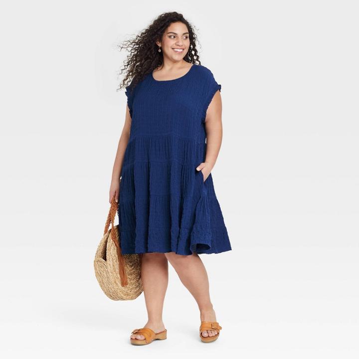 Women's Plus Size Flutter Short Sleeve Textured Tiered A-line Dress - Knox Rose Blue