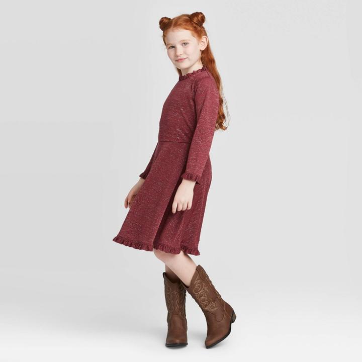 Girls' Ruffle Edge Dress - Art Class Maroon Xs, Girl's, Red