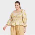 Women's Plus Size Balloon 3/4 Sleeve Smocked Peplum Top - Who What Wear Beige Floral