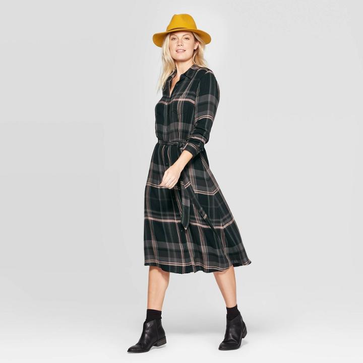 Women's Plaid Long Sleeve Midi Shirtdress With Tie Belt - Universal Thread Green