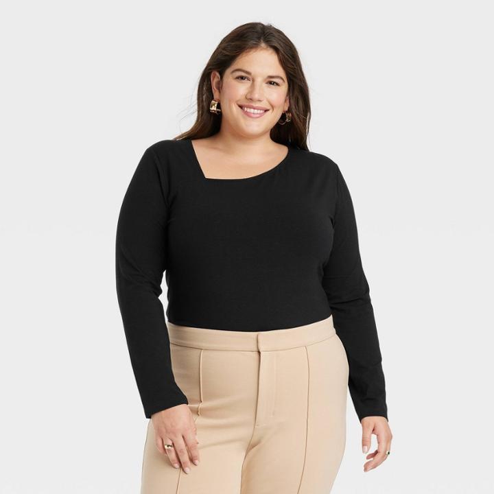 Women's Plus Size Long Sleeve Asymmetrical Top - A New Day Black