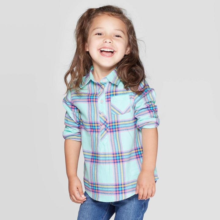 Toddler Girls' Plaid Button-down Shirt - Cat & Jack Aqua 12m, Toddler Girl's, Green
