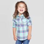 Toddler Girls' Plaid Button-down Shirt - Cat & Jack Aqua 12m, Toddler Girl's, Green