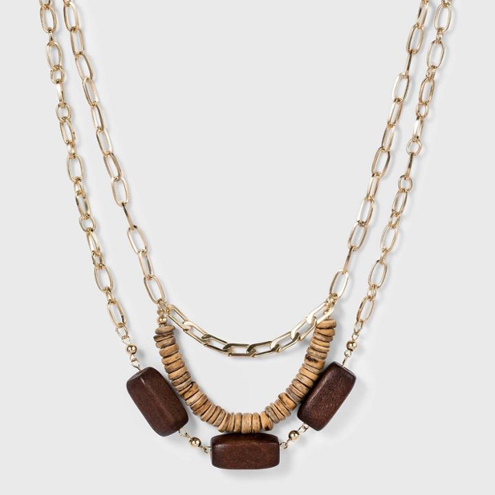 3 Row With Wooden And Heishi Bead Necklace - A New Day Gold
