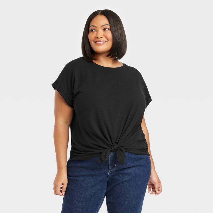 Women's Tie-front Dolman Short Sleeve T-shirt - Ava & Viv Black