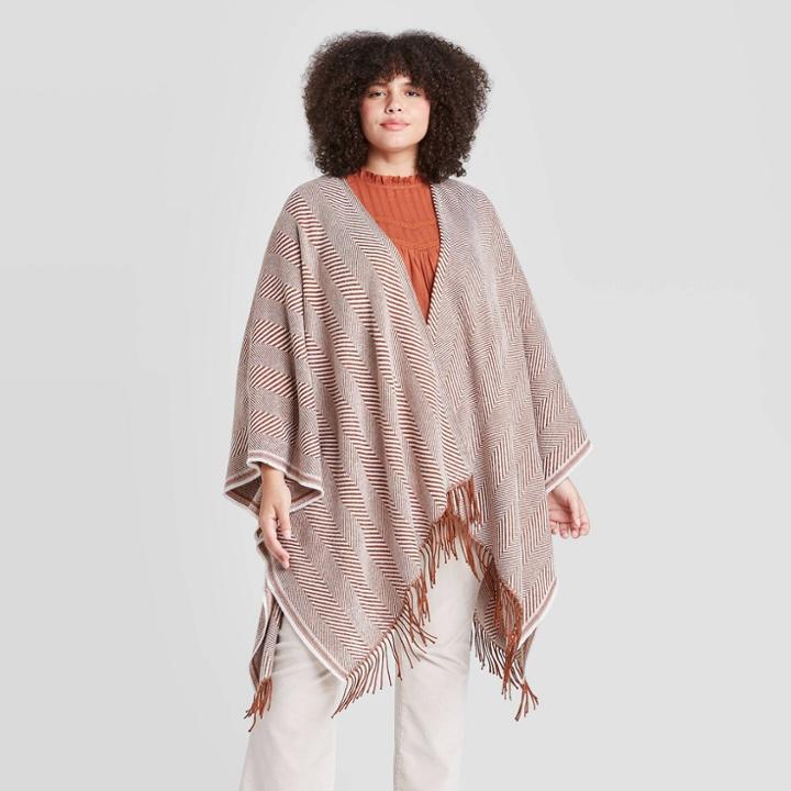 Women's Plus Size Herringbone Ruana Kimono Jacket - Universal Thread Brown