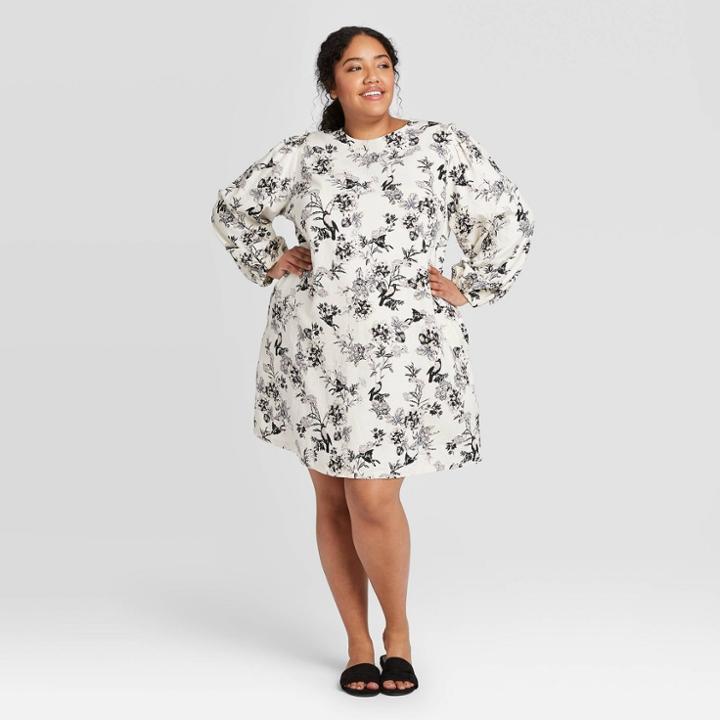 Women's Plus Size Floral Print Balloon Long Sleeve Dress - Who What Wear Cream 1x, Women's, Size: