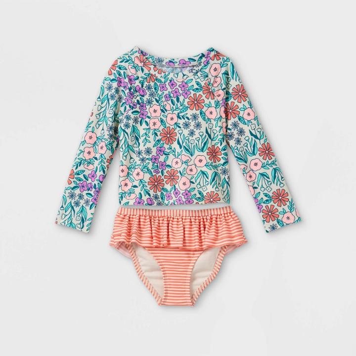 Toddler Girls' 2pc Floral Print Long Sleeve Ruffle Rash Guard Set - Cat & Jack 2t, Blue/red/white