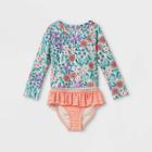 Toddler Girls' 2pc Floral Print Long Sleeve Ruffle Rash Guard Set - Cat & Jack 2t, Blue/red/white