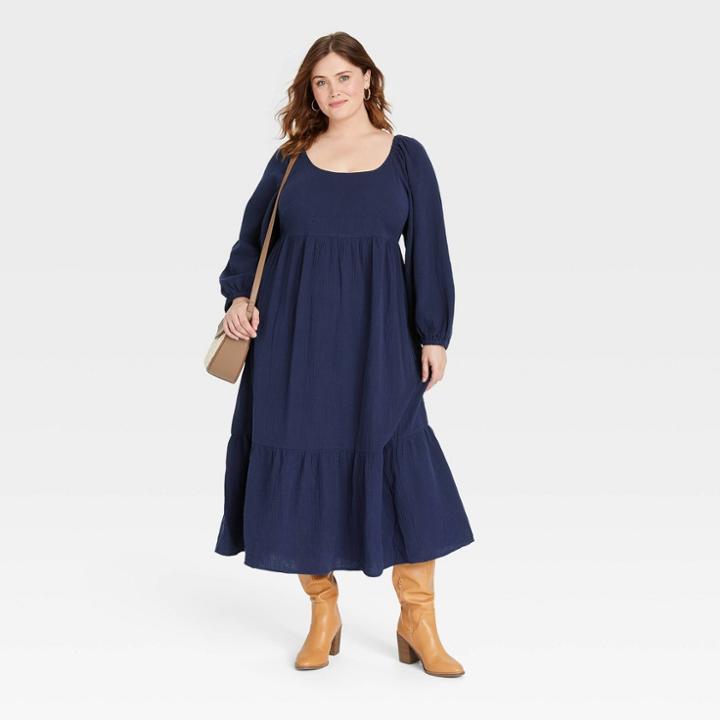 Women's Plus Size Balloon Long Sleeve Dress - Universal Thread Navy Blue