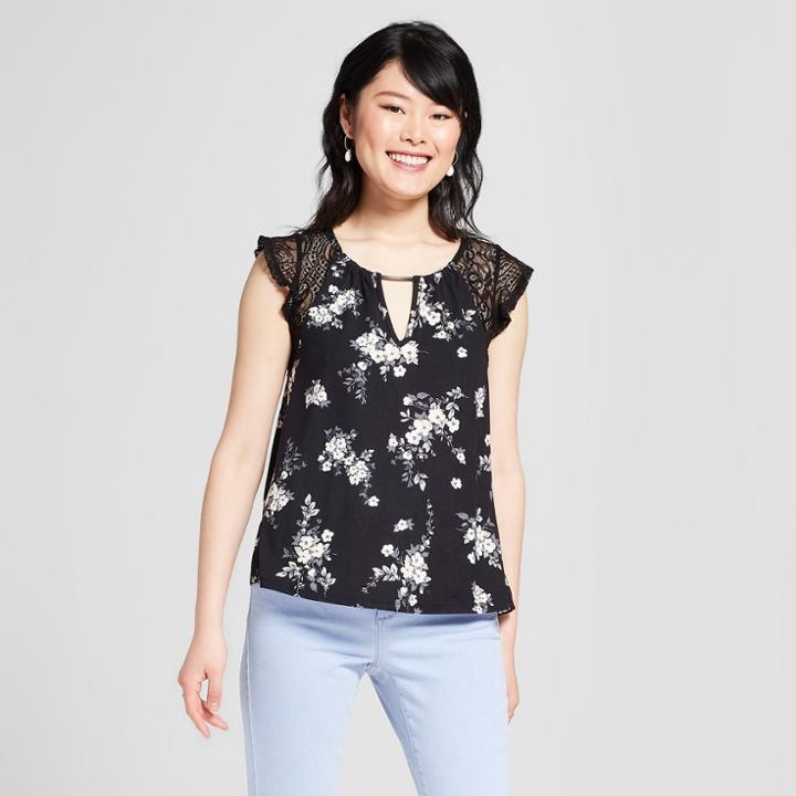 Women's Floral Print Lace Sleeve Top - 3hearts (juniors') Black