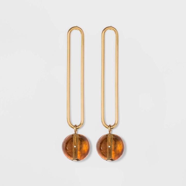 Elongated Open Oval Post And Bead Drop Earrings - A New Day Brown