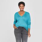 Women's Plus Size Knit V-neck Long Sleeve Top - Ava & Viv Teal Heather X