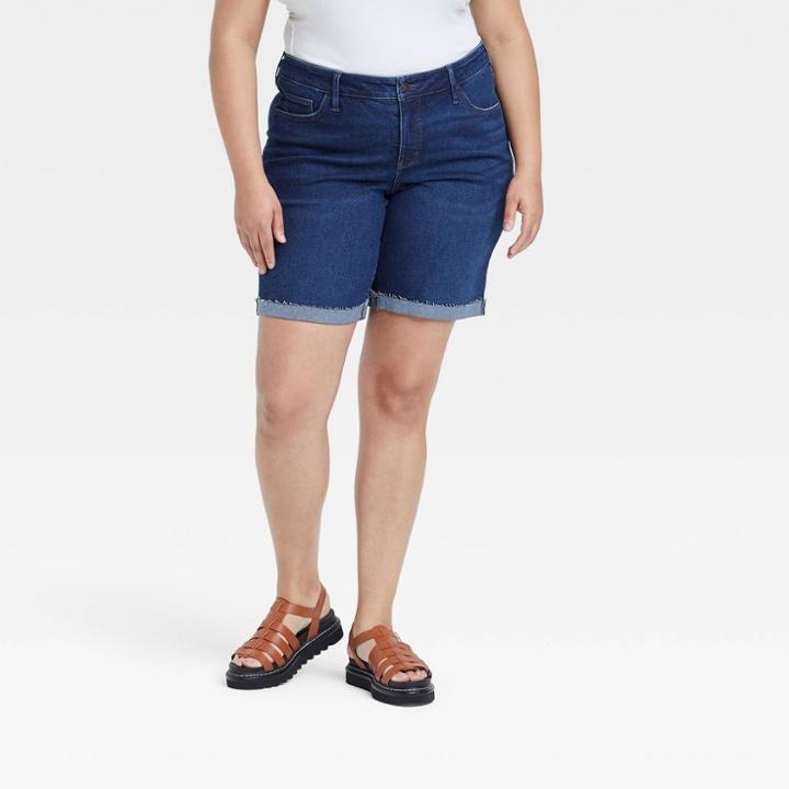 Women's Plus Size High-rise Jean Shorts - Ava & Viv Dark Blue