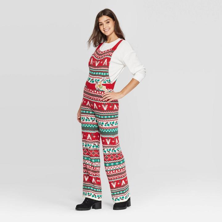 Women's Sleeveless Round Neck Fair Isle Jumpsuit - Born Famous (juniors') - Red M, Women's, Size: