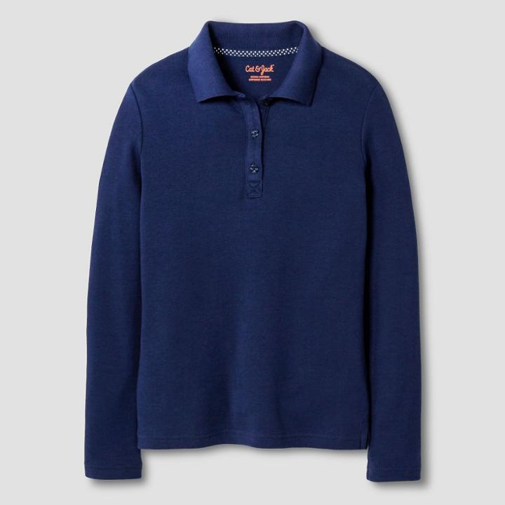 Girls' Long Sleeve Interlock Uniform Polo Shirt - Cat & Jack Nightfall Blue