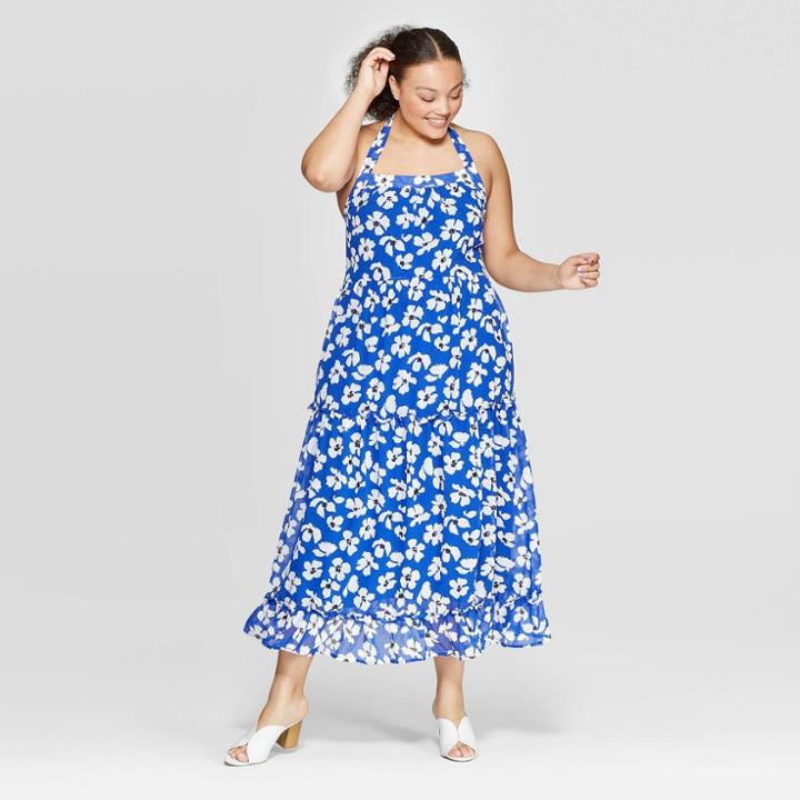 Women's Plus Size Floral Print Off The Shoulder Back Drawstring Tiered Maxi Dress - Who What Wear Blue/white