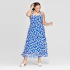 Women's Plus Size Floral Print Off The Shoulder Back Drawstring Tiered Maxi Dress - Who What Wear Blue/white