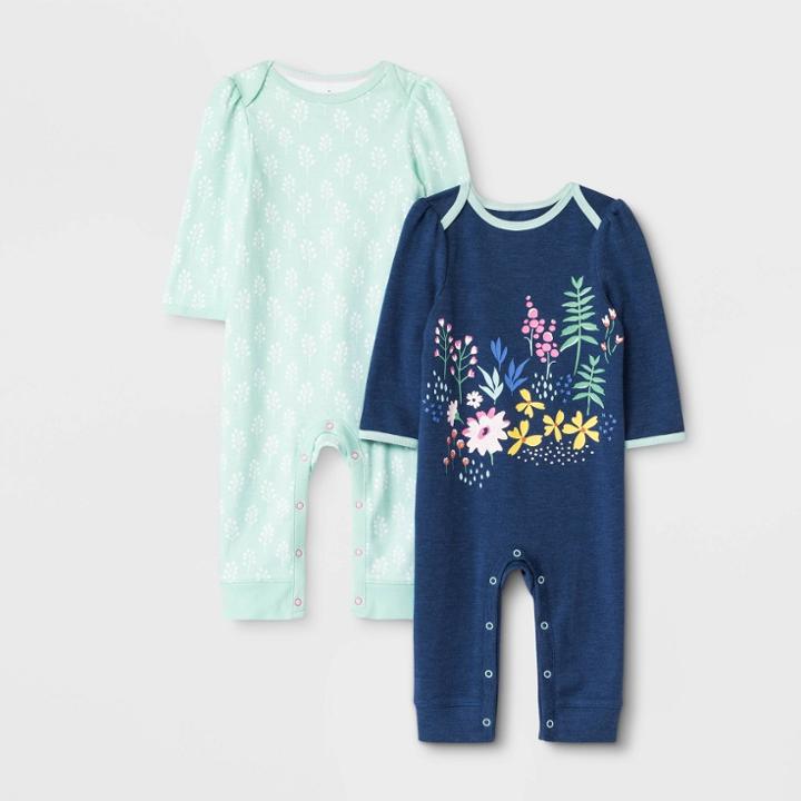 Baby Girls' 2pk Little Wildflower Rompers - Cloud Island 0-3m, Girl's, Green