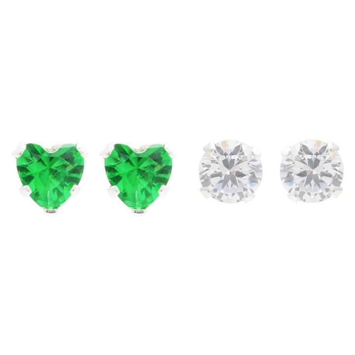Journee Collection 3/5 Ct. T.w. Round-cut Cz Prong Set Stud Earrings Set In Sterling Silver - Dark Green/white, Girl's