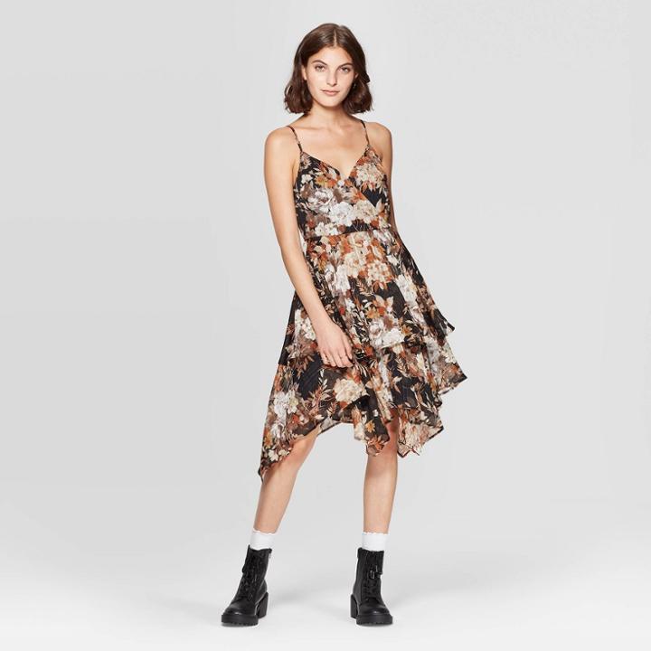 Women's Floral Print Sleeveless Deep V-neck Tiered Handkerchief Hem Shine Wrap Mini Dress - Xhilaration Black