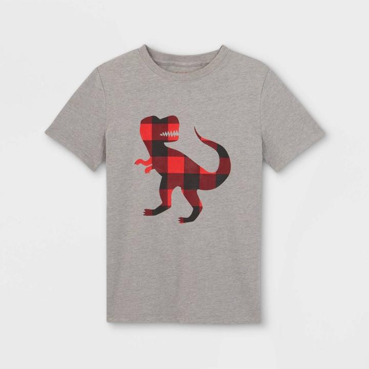 Boys' Buffalo Check Dinosaur Graphic Short Sleeve T-shirt - Cat & Jack Gray Heather