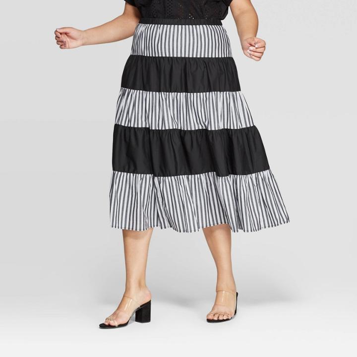 Women's Plus Size Striped Mid-rise A Line Midi Skirt - Who What Wear Black