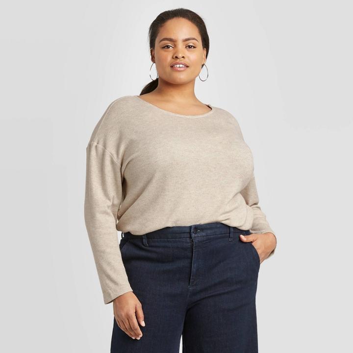 Women's Plus Size Long Sleeve Round Neck Henley Shirt - A New Day Light Brown X, Women's