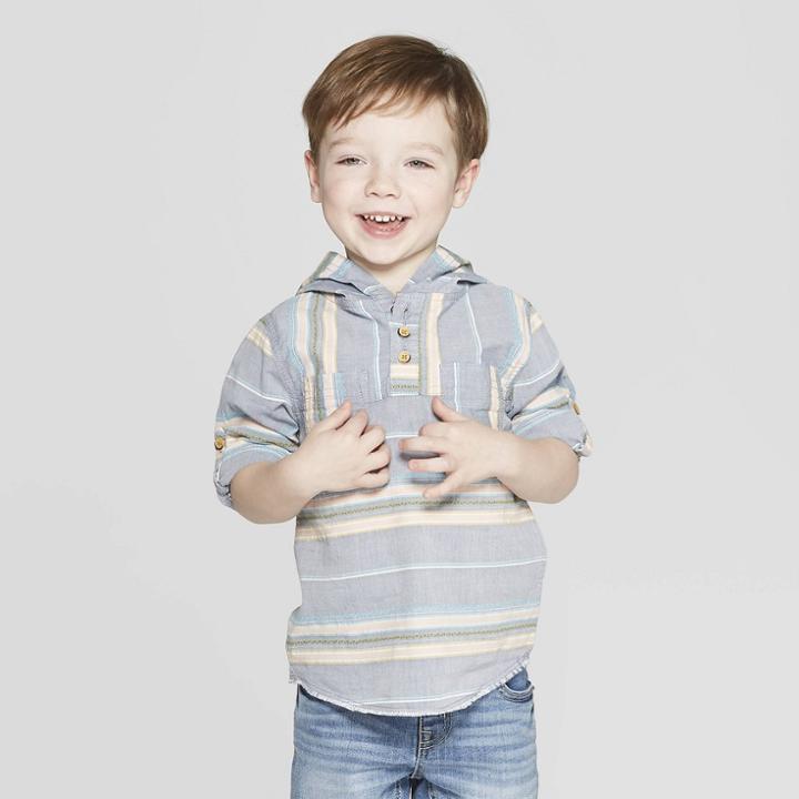 Genuine Kids From Oshkosh Toddler Boys' Long Sleeve Stripe Baja Hooded Woven Button-down Shirts - Metallic Blue