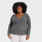 Women's Plus Size Long Sleeve Notch Neck Thermal Top - Knox Rose Dark Gray