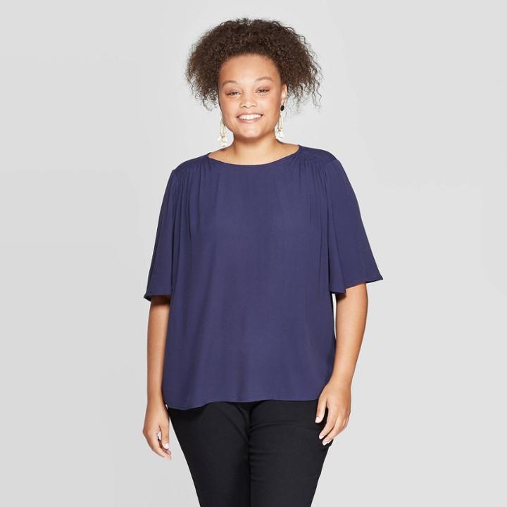 Women's Plus Size Short Sleeve Smocked Shoulder Crewneck Blouse - Ava & Viv Navy (blue)