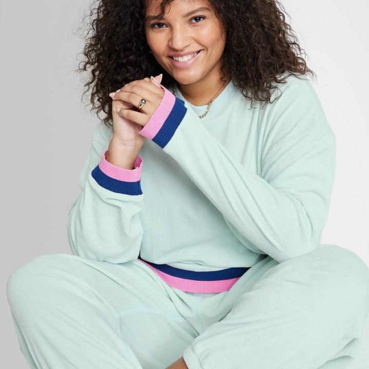 Women's Plus Size Ascot + Hart Velour Graphic Pullover Sweatshirt - Green