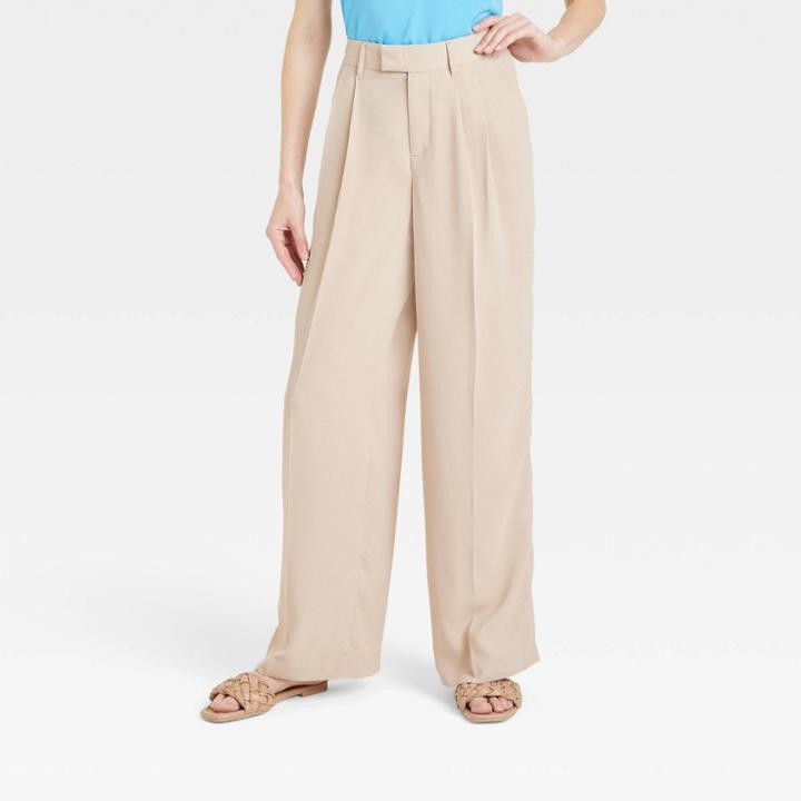 Women's High-rise Wide Leg Fluid Pants - A New Day Beige